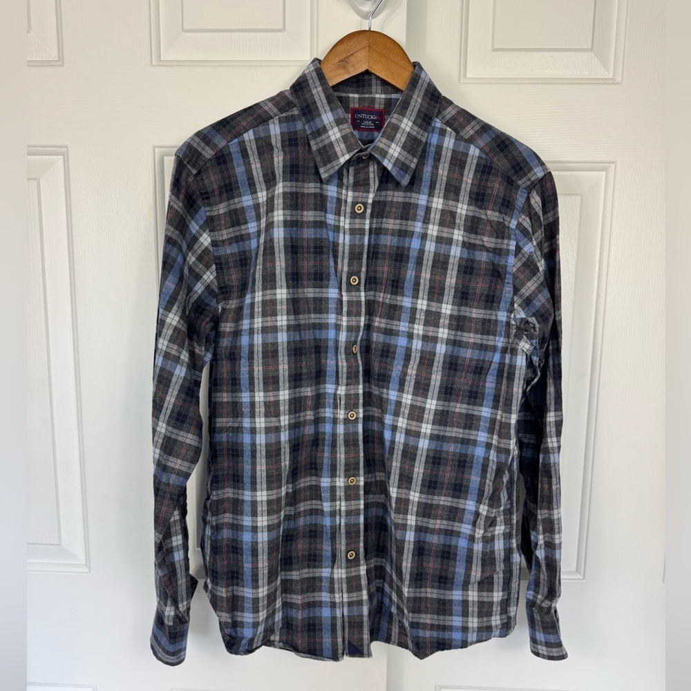 UntuckIt Shirt Men’s Large Gray Blue Plaid Long Sleeve Button Down‎ Shirt
